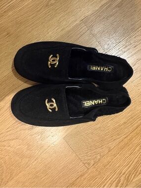 CHANEL Black Velvet Loafers with Gold CC Emblem